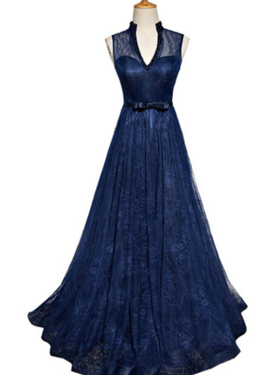 Navy Blue Lace V-Neckline Open Back Evening Gown, Blue Floor Length Party Dress Prom Dress cg20186