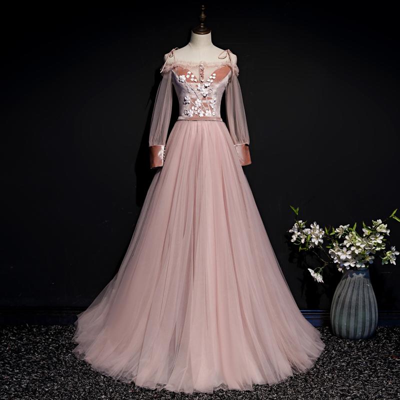 Pink Tulle And Velvet Long Sleeves Flowers Evening Dress, New Style A-Line Party Dress Prom Dress cg20187