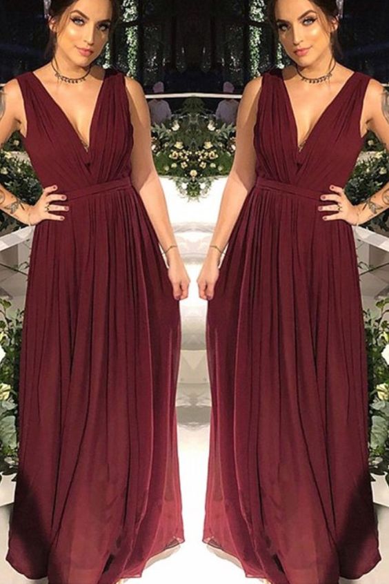 Brautjungfernkleider Lang Chiffon Plissee V-Ausschnitt Bodenlang Abendkleider Ballkleider cg20216