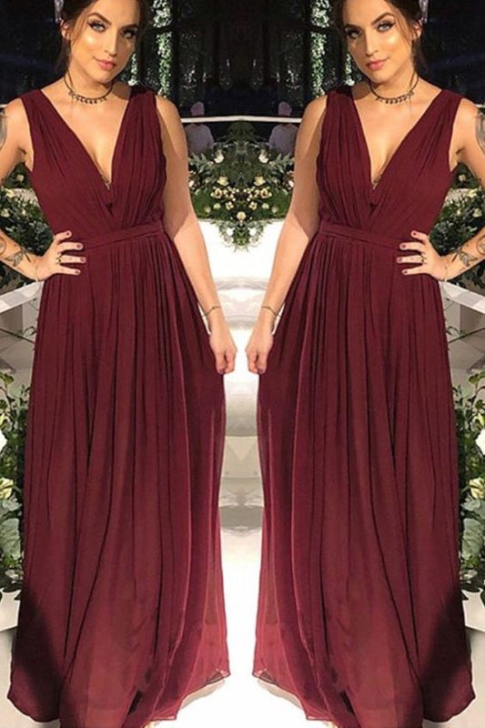 Brautjungfernkleider Lang Chiffon Plissee V-Ausschnitt Bodenlang Abendkleider Ballkleider cg20216
