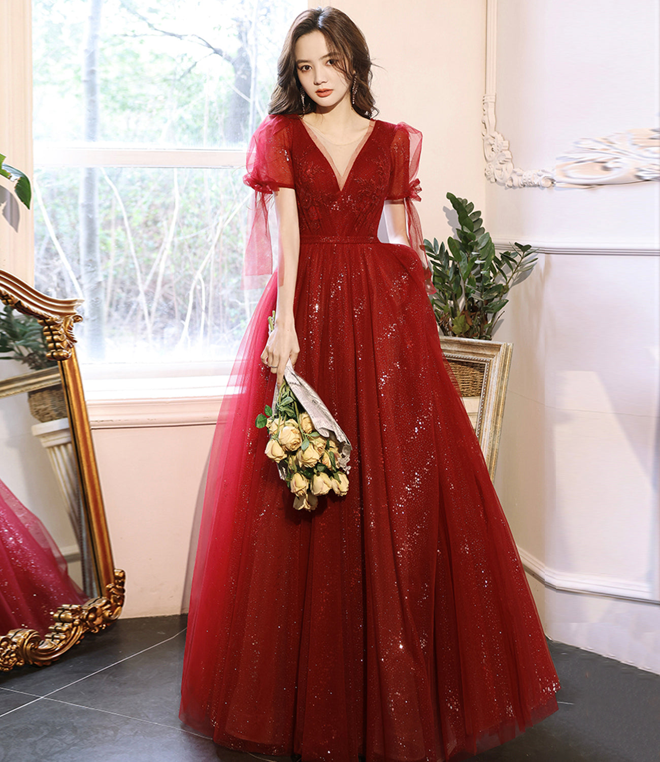BURGUNDY TULLE LONG A LINE PROM DRESS FASHION DRESS cg20223