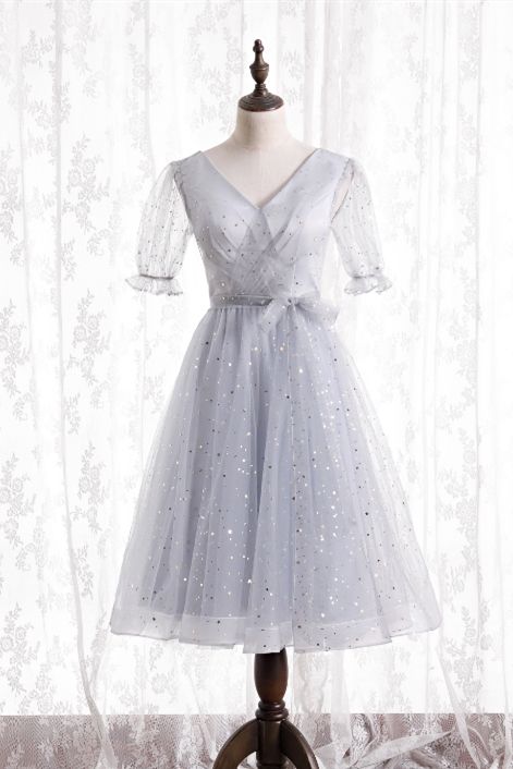silver A-line short party dress birthday dress with short sleeves homecoming dress cg20227