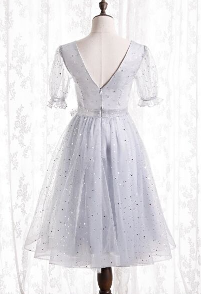 silver A-line short party dress birthday dress with short sleeves homecoming dress cg20227