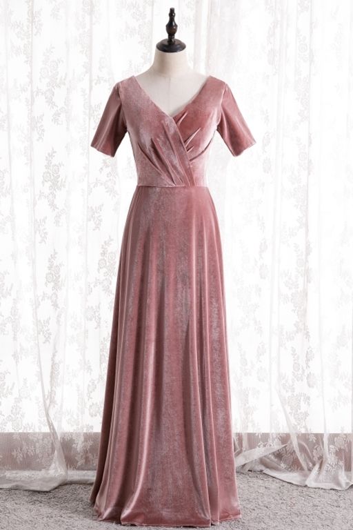 kurze Ärmel, errötendes Samt-Partykleid, langes Brautjungfernkleid, Ballkleid cg20230