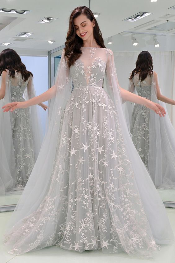 Charming Prom Dress Bateau Neck Button Star Lace Evening Dress cg20250
