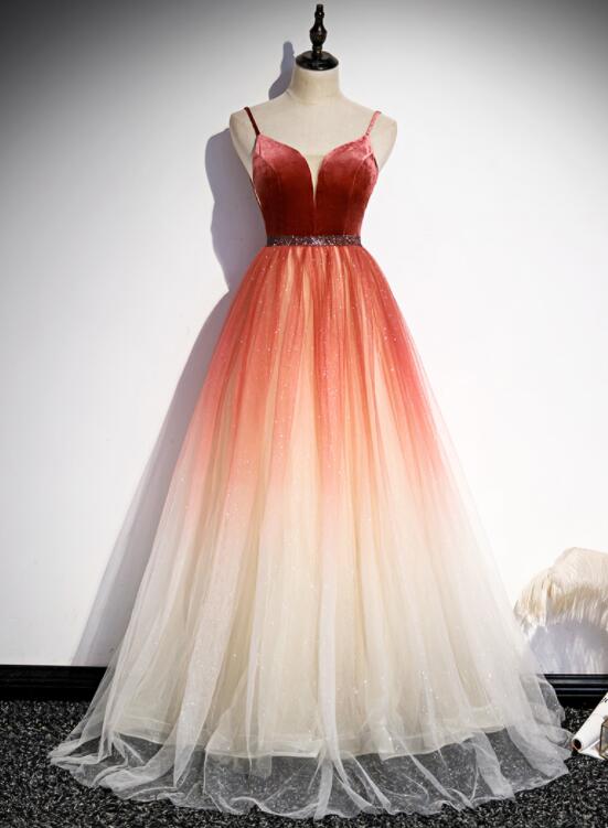 long prom dress Beautiful Red Velvet And Gradient Tulle Beaded Party Dress, Straps Long Formal Gown cg20252