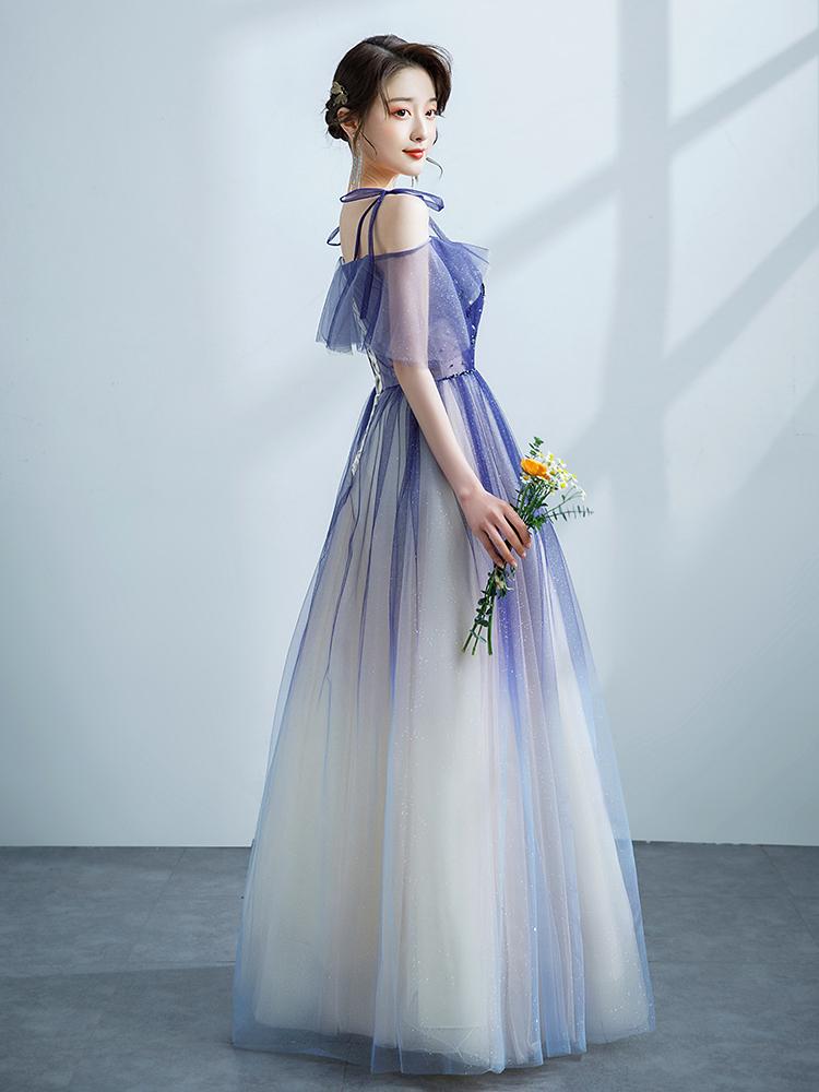 Lila Tüll Farbverlauf Träger Perlen lange Partykleid, neue Stil A-Linie Tüll Ballkleid cg20253