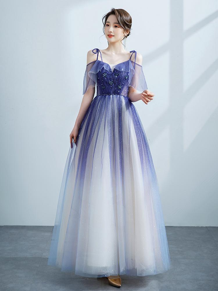 Purple Tulle Gradient Straps Beaded Long Party Dress, New Style A-Line Tulle Prom Dress cg20253