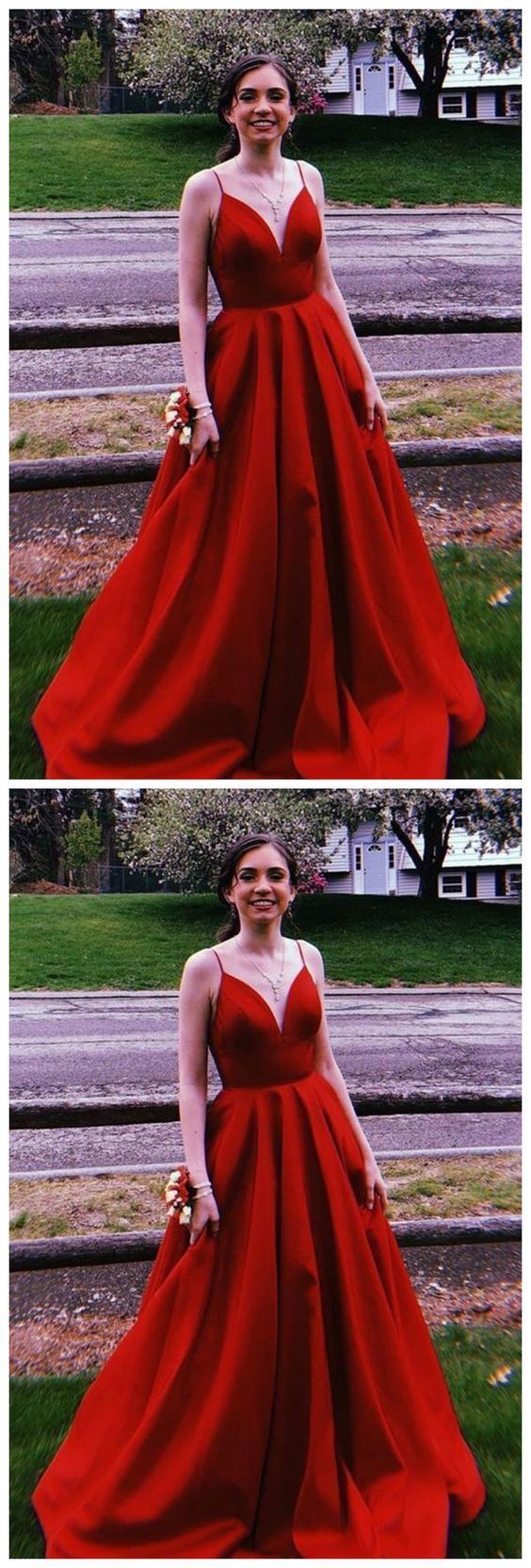 A-Line Spaghetti Straps Sweep Train Red Satin Prom Dress with Pockets cg20260