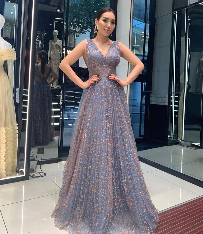 Blue v neck tulle sequins long prom dress evening dress, cg20264
