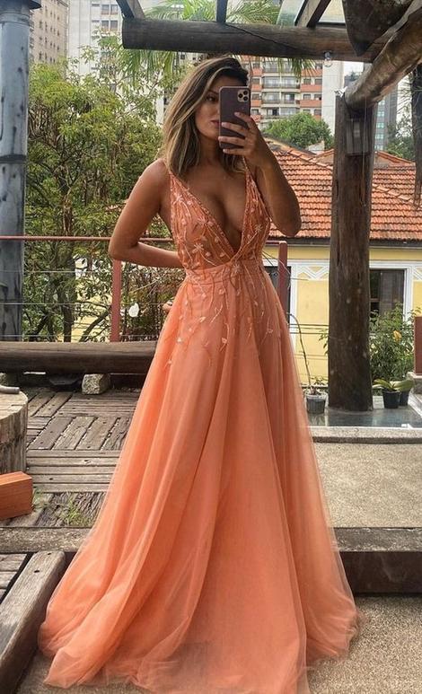 A-Linie V-Ausschnitt Orange Ballkleid cg20268