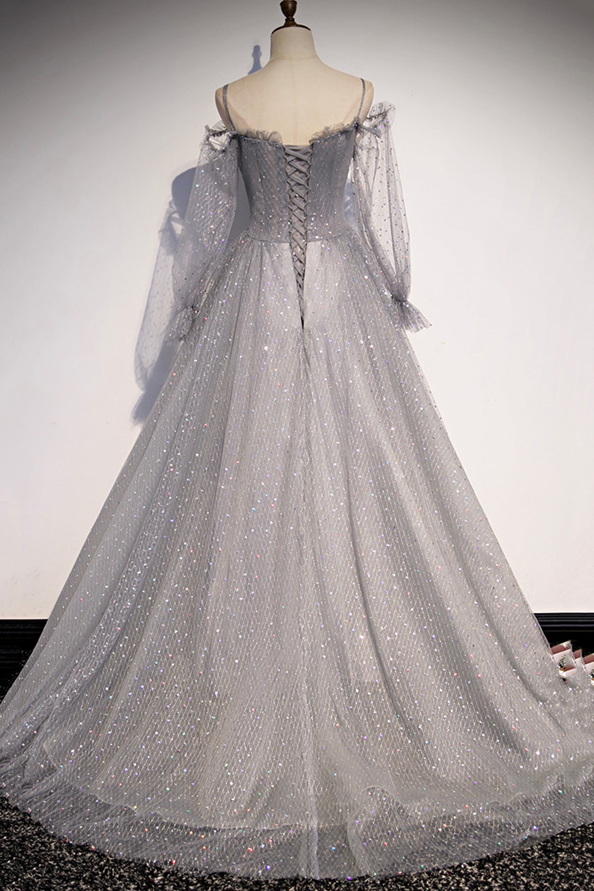 GRAY TULLE SEQUINS LONG A LINE PROM DRESS EVENING DRESS cg20293