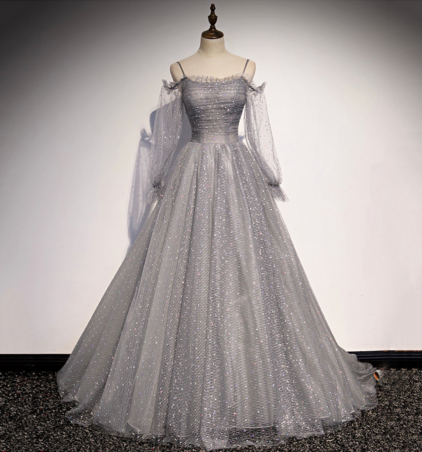 GRAY TULLE SEQUINS LONG A LINE PROM DRESS EVENING DRESS cg20293