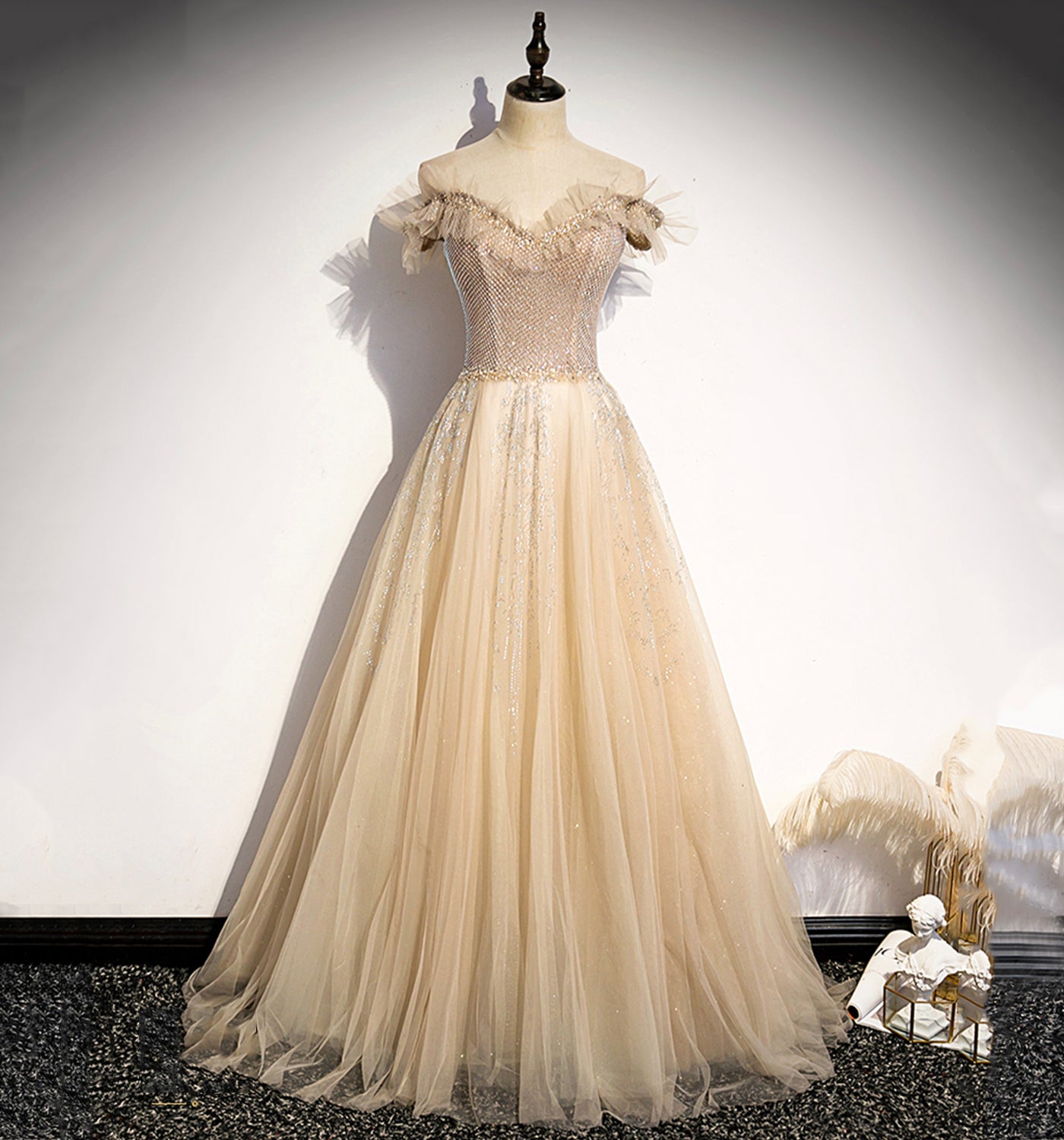 CHAMPAGNE TULLE BEADS LONG PROM DRESS FORMAL DRESS cg20294