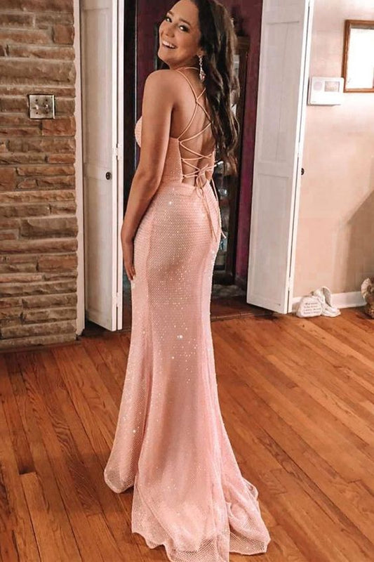 2021 Meerjungfrau rosa Schnürung langes Ballkleid Abendkleid cg20296