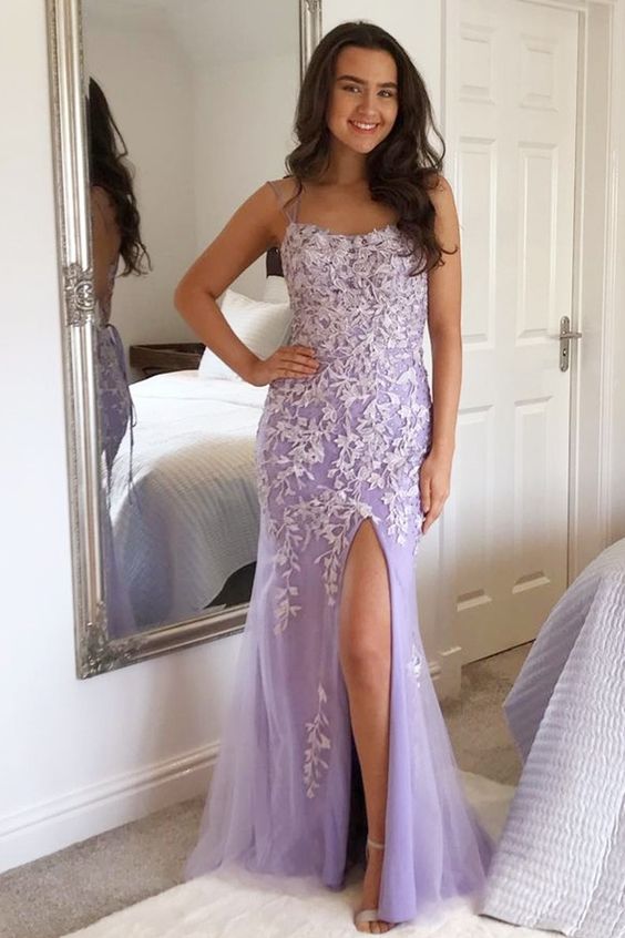 mermaid lavender lace appliques long prom dress with side slit cg20298