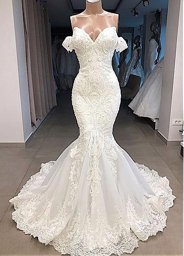 Wunderschönes schulterfreies Meerjungfrau-Brautkleid aus Tüll mit Perlen-Spitzenapplikationen, Abschlussballkleid cg20311