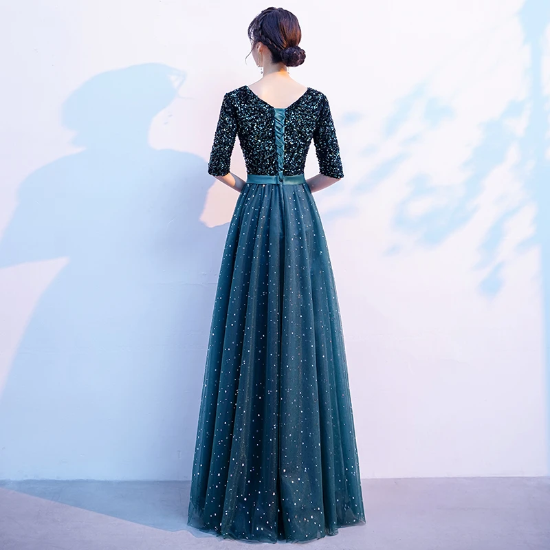Grüne Pailletten und Tüll Kurze Ärmel Langes Brautjungfernkleid, Grünes A-Linien-Hochzeitspartykleid A-Linien-Ballkleid cg20332
