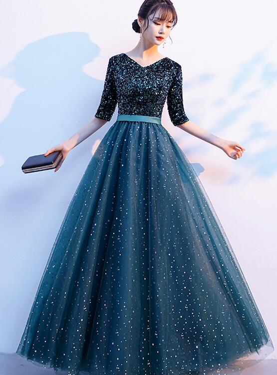 Grüne Pailletten und Tüll Kurze Ärmel Langes Brautjungfernkleid, Grünes A-Linien-Hochzeitspartykleid A-Linien-Ballkleid cg20332