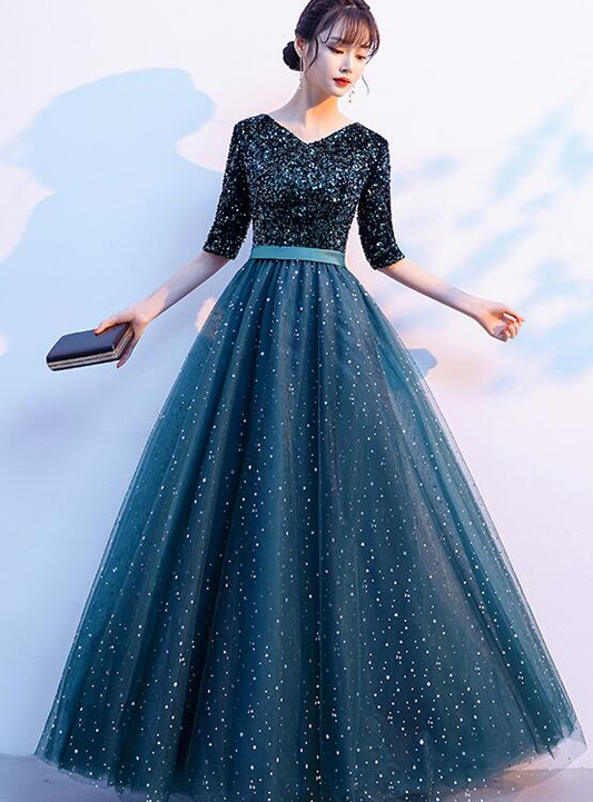 Grüne Pailletten und Tüll Kurze Ärmel Langes Brautjungfernkleid, Grünes A-Linien-Hochzeitspartykleid A-Linien-Ballkleid cg20332