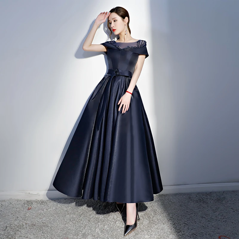 Navy Blue Satin Beaded New Style Long Party Dress, Blue Cap Sleeves Prom Dress cg20333