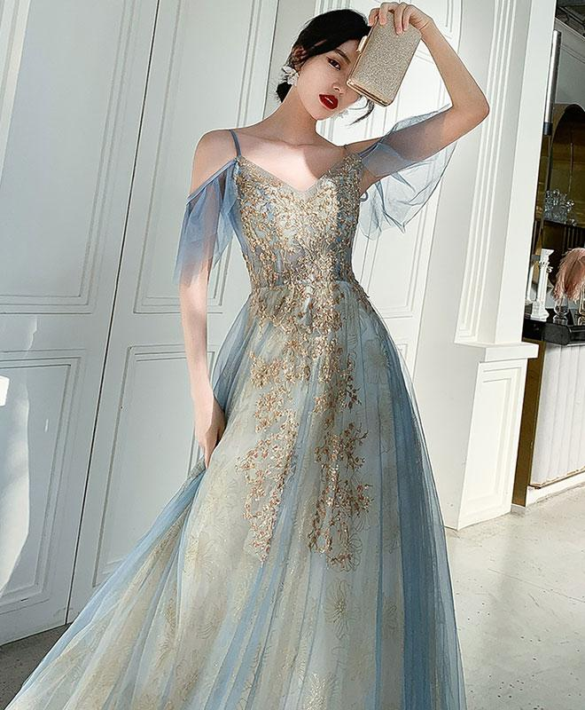 Charming Lace Light Blue V-Neckline Long Prom Dress, A-Line Formal Dress Evening Dress cg20334