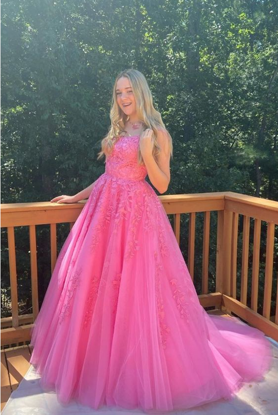 Hot Pink Lace Tulle Appliques Long Prom Dress cg20345