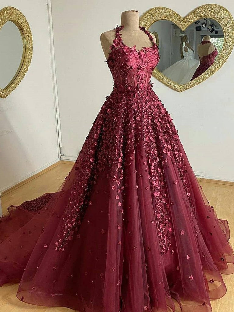 Fabulous A-line Halter Chapel Train Tulle Beaded Appliqued Prom Dresses cg20349