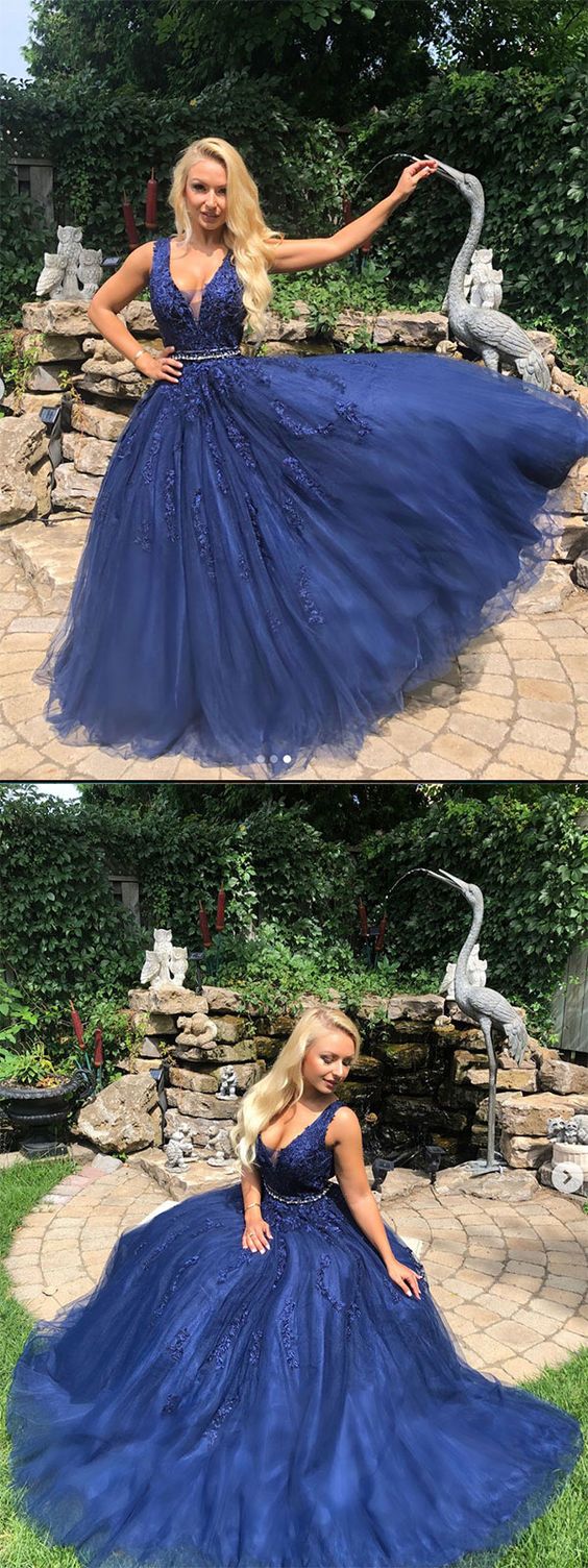 Blaues langes Ballkleid aus Tüllspitze mit V-Ausschnitt, blaues Brautjungfernkleid cg2035