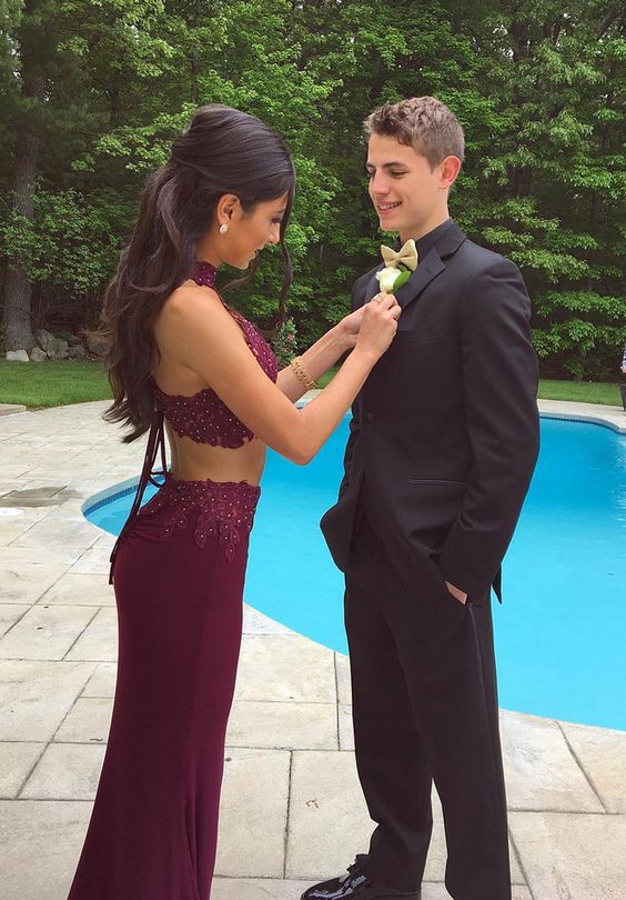 two piece burgundy Long Prom Dresses cg20360