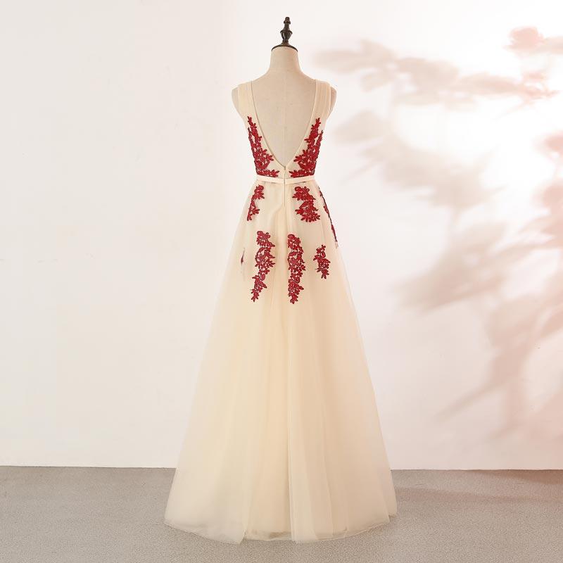 Ivory Tulle With Red Lace Applique V-Neckline Prom Dress cg20363