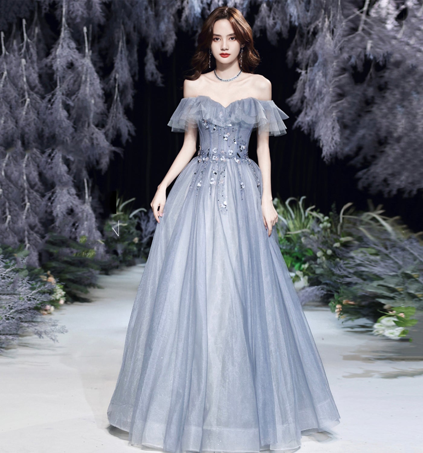 GRAY TULLE LACE LONG A LINE PROM DRESS EVENING DRESS cg20384
