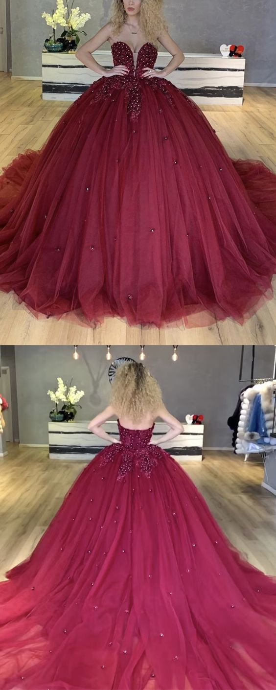 Burgundy tulle ball gown quinceanera dress with lace flowers sweetheart Prom Dress cg20393