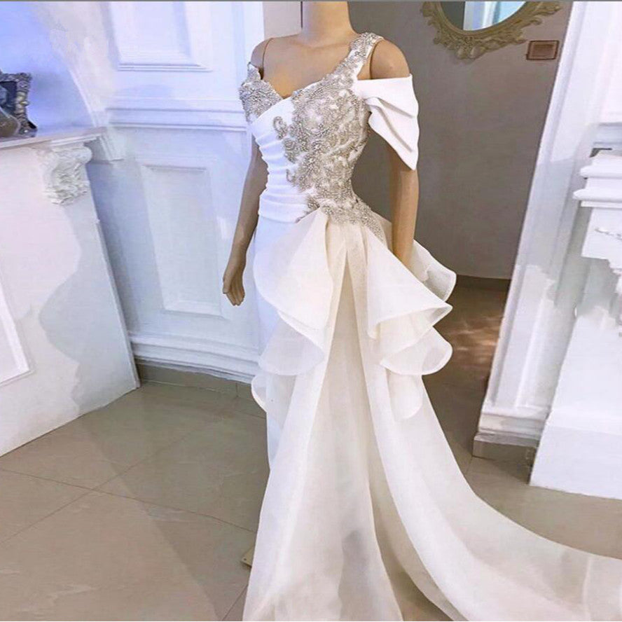 White Elegant Mermaid Prom Dresses Shiny Crystal Rhinestone Long Prom Gowns Tulle Ruffles Flowing Ribbon cg20394