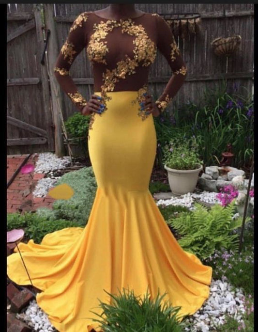 Schlichtes Ballkleid, Langarm Gelb Meerjungfrau Satin Ballkleider cg20395