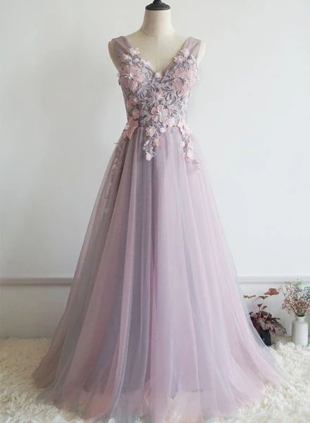 Lovely Pink V-Neckline Floral Lace Party Dress, Pink Formal Dress prom gown cg20403