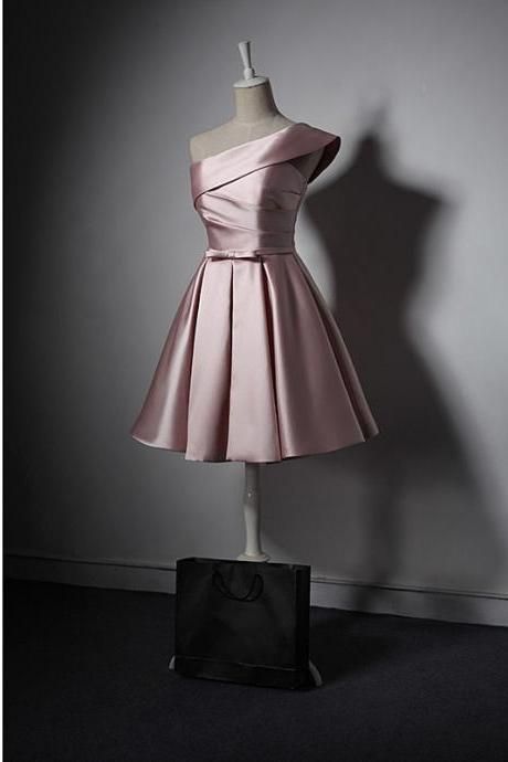 Lovely Simple One Shoulder Pink Bridesmaid Dress, Pink Satin Homecoming Dress cg20404