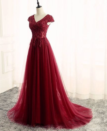 Tüll-Ballkleid, V-Ausschnitt-Kleid, Formelle Kleider, Langes Abendkleid cg2041