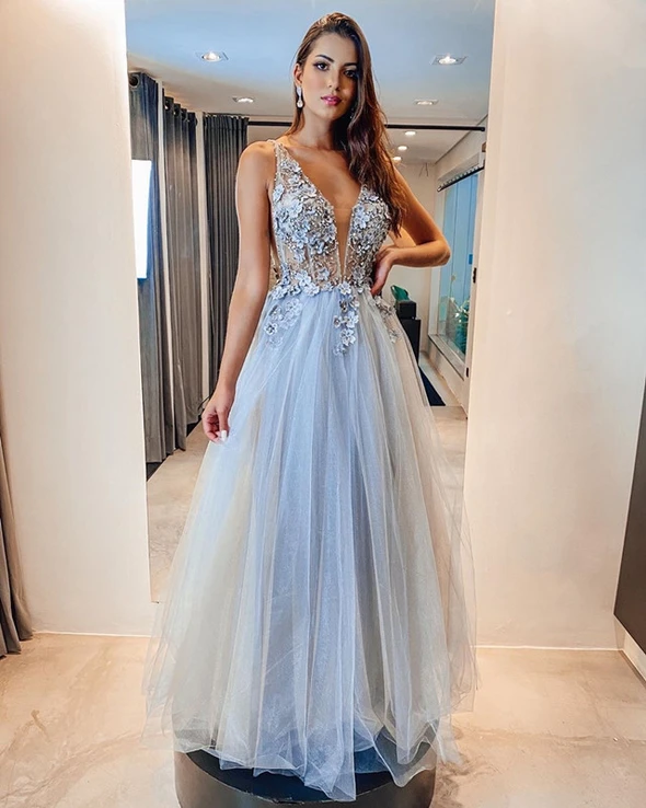 Tulle Prom Dresses V Neck 3D Lace Flowers Beaded cg20422
