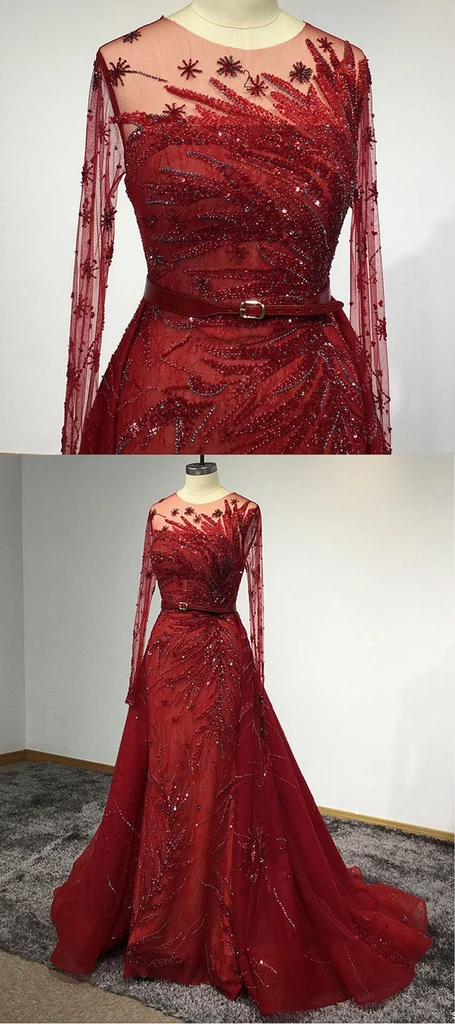 Unique Red Tulle Beaded Long Mermaid Chapel Train Prom Dress, Formal Dress cg20426