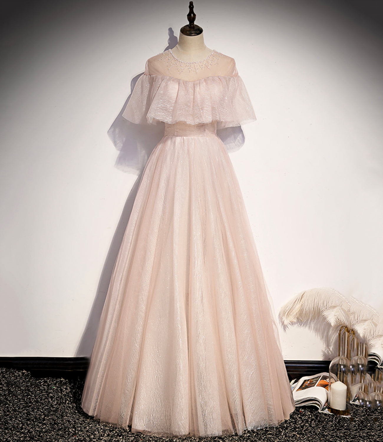 PINK TULLE LONG A LINE PROM DRESS PINK EVENING DRESS cg20428
