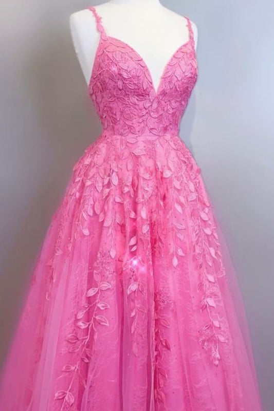 2021 Hot Pink Spitzenapplikationen langes Ballkleid Abendkleid cg20432