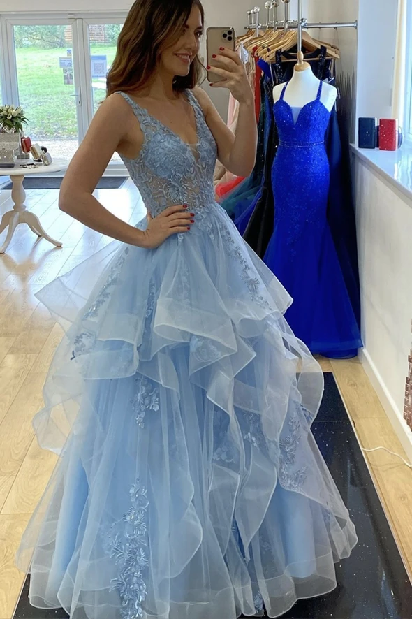 Long Prom Dress Blue v neck lace long ball gown dress blue evening dress cg20435