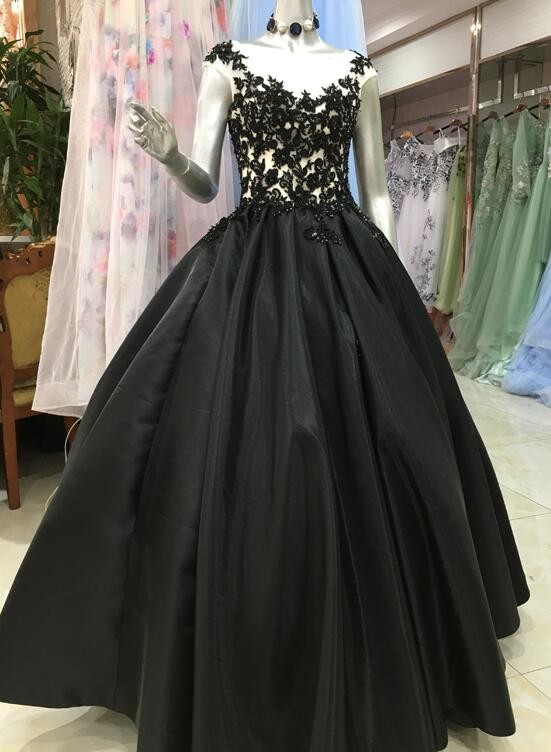 High Quality Satin With Lace Applique Round Neckline Formal Gown, Black Party Dresses Prom Dress cg20448