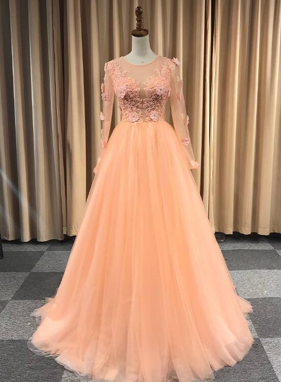 Light Orange Tulle Long Sleeves With Lace Party Dress, Long Prom Dress Formal Dress cg20450