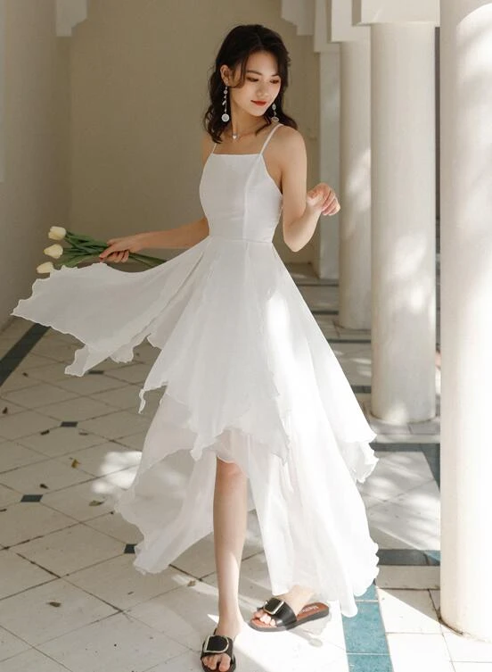White Chiffon High Low Chic Simple Wedding Party Dress, White Short Prom Dress Graduation Dress cg20451