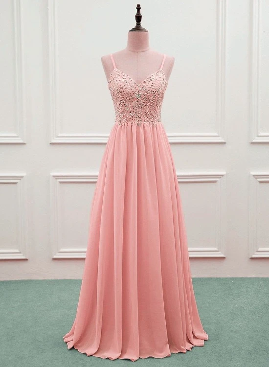 Pink Beaded Sweetheart Chiffon A-Line New Prom Dress, Pink Evening Gown Wedding Party Dress cg20453