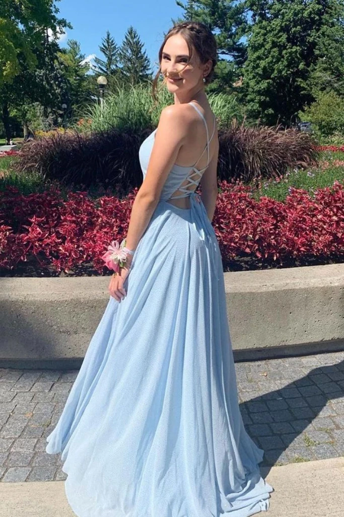 BLUE V NECK TULLE LONG PROM DRESS BLUE EVENING DRESS cg20455