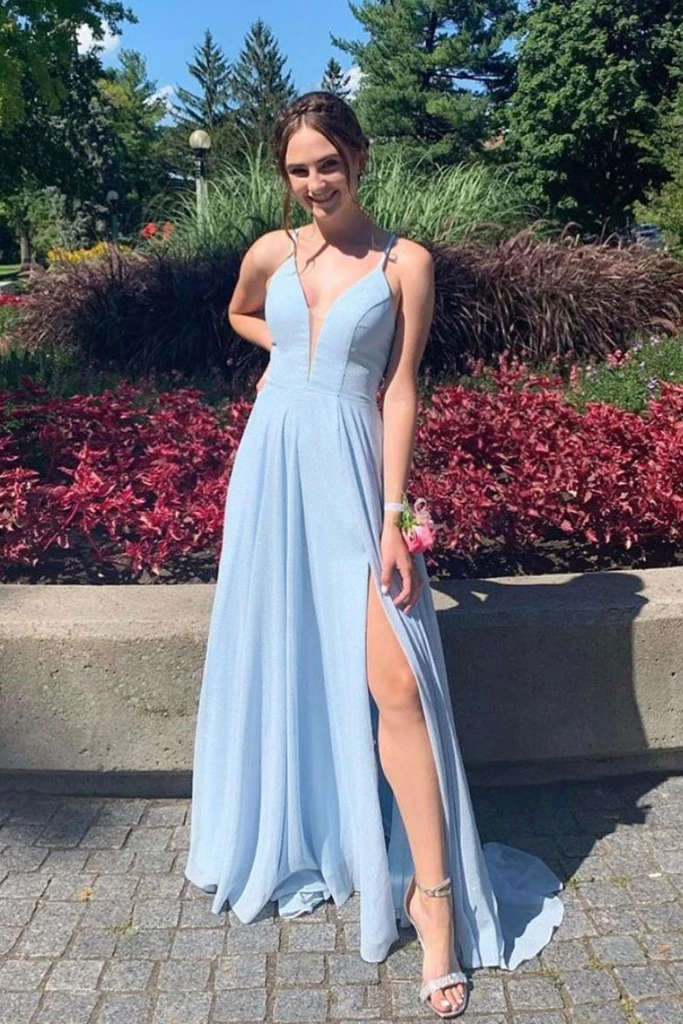 BLUE V NECK TULLE LONG PROM DRESS BLUE EVENING DRESS cg20455