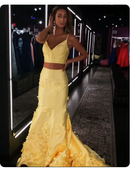 Long Two Piece Prom Dresses Yellow Mermaid Sweetheart Satin Prom Dresses with Ruffle cg20466
